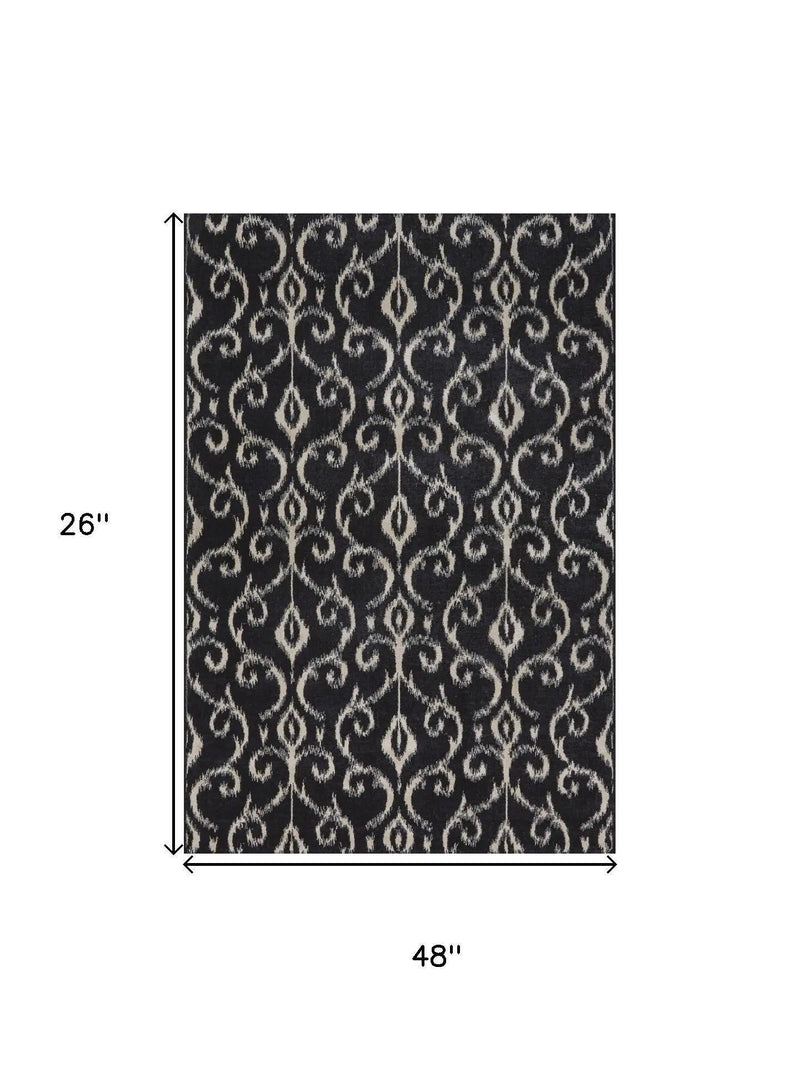 2' X 4' Black And Ivory Damask Area Rug Homeroots Home Decor