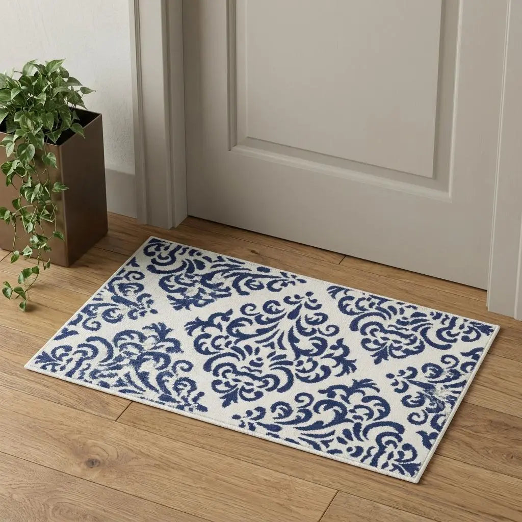 2' X 4' Blue And White Damask Area Rug Homeroots Home Decor