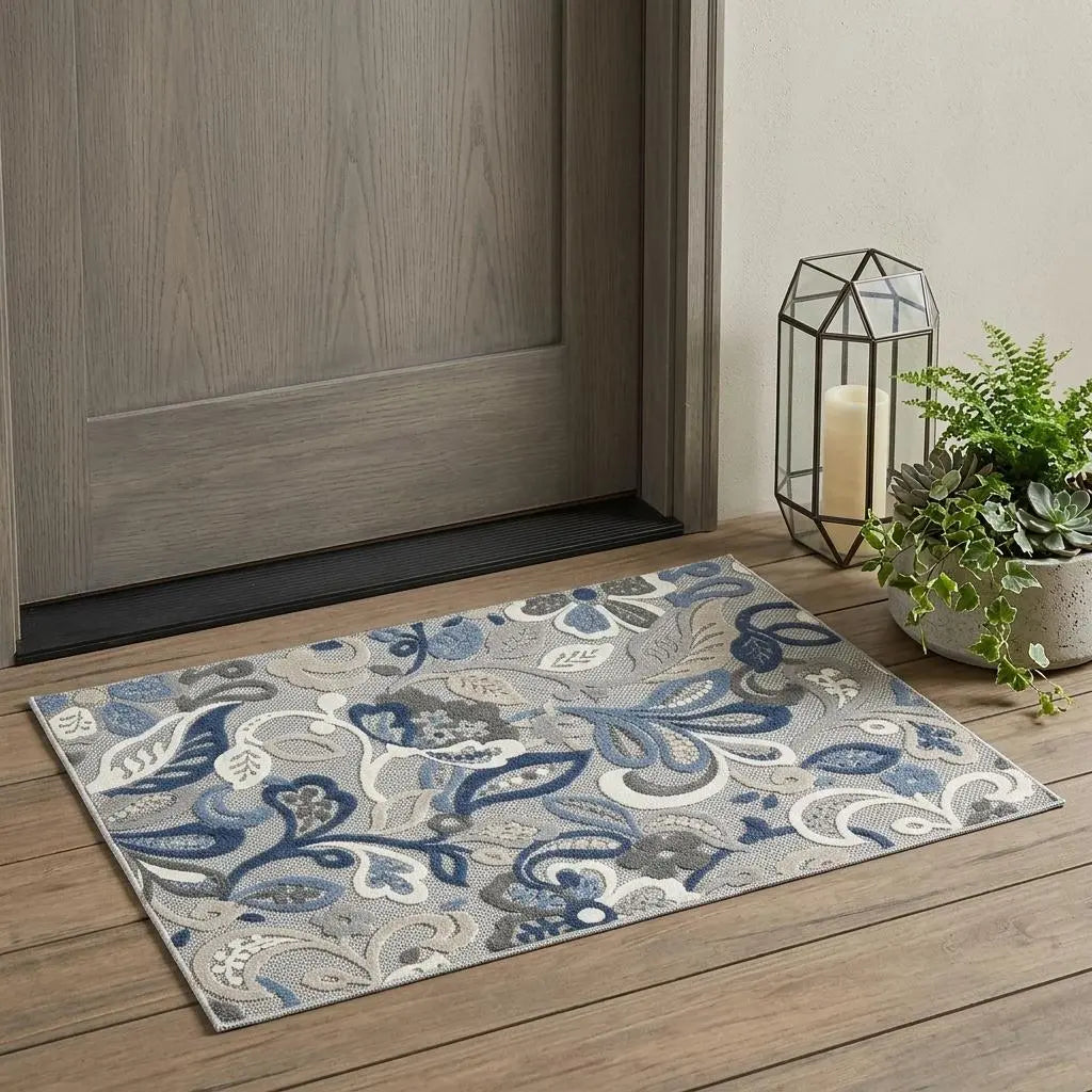 2' X 4' Blue Gray Jacobean Floral Indoor Outdoor Area Rug Homeroots Outdoor