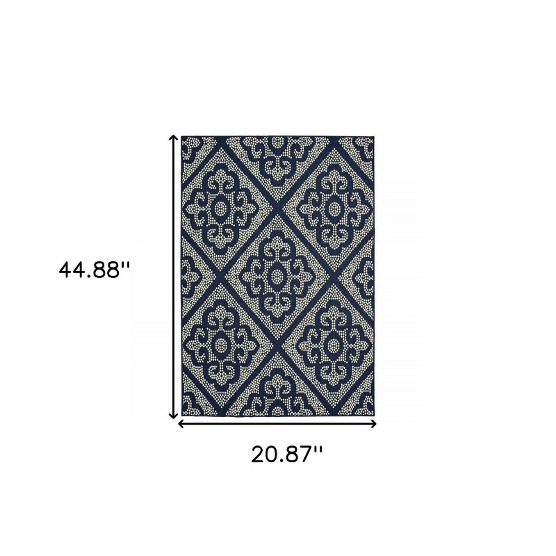 2' X 4' Blue and Ivory Geometric Stain Resistant Indoor Outdoor Area Rug Homeroots Outdoor