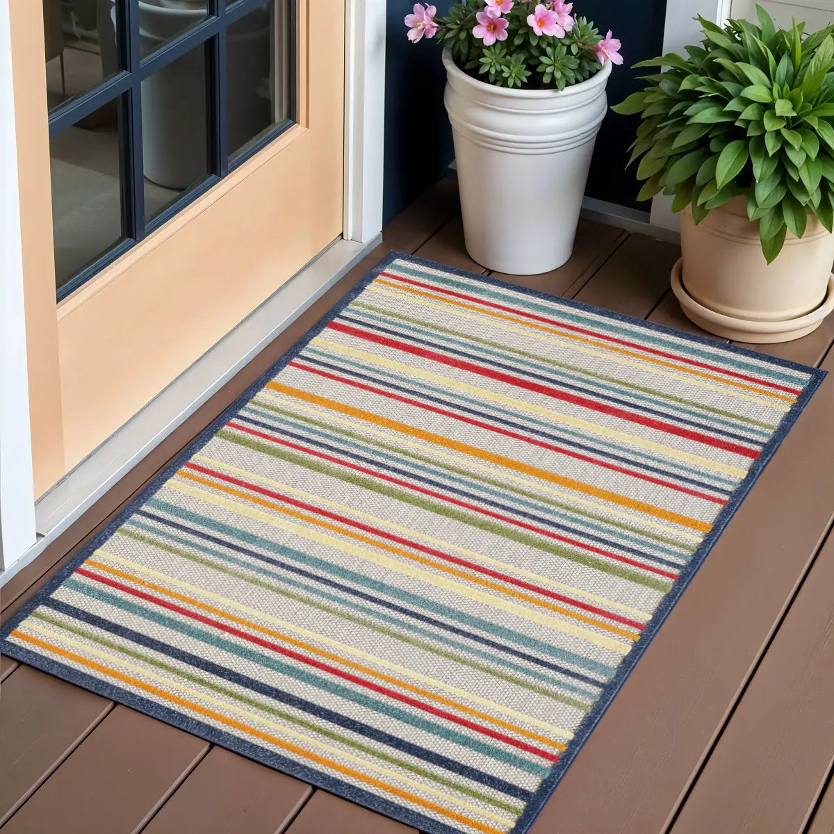 2' X 4' Ivory And Blue Indoor Outdoor Area Rug Homeroots Outdoor