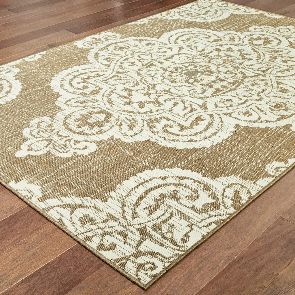 2' X 4' Tan Oriental Stain Resistant Indoor Outdoor Area Rug Homeroots Outdoor