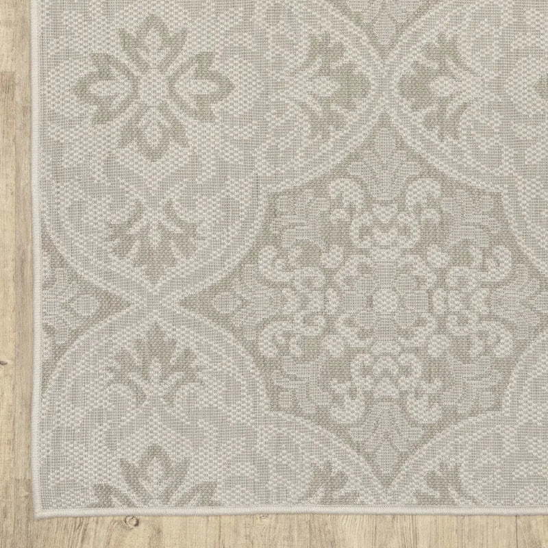 2' X 7' Gray and Ivory Floral Stain Resistant Indoor Outdoor Area Rug Homeroots Outdoor