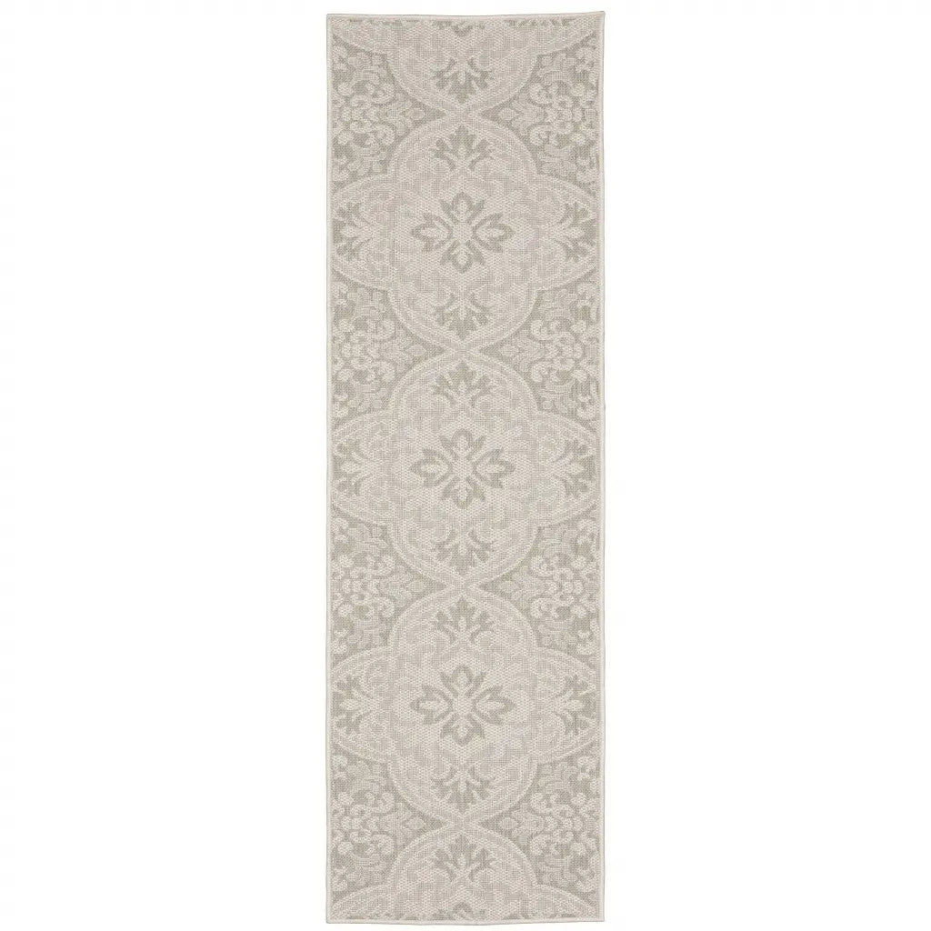2' X 7' Gray and Ivory Floral Stain Resistant Indoor Outdoor Area Rug Homeroots Outdoor