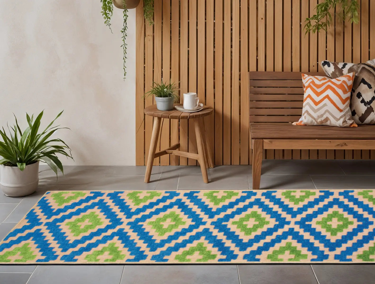 2' X 8' Blue and Beige Geometric Stain Resistant Indoor Outdoor Area Rug Homeroots Outdoor