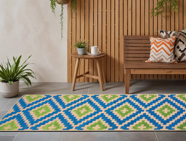2' X 8' Blue and Beige Geometric Stain Resistant Indoor Outdoor Area Rug Homeroots Outdoor