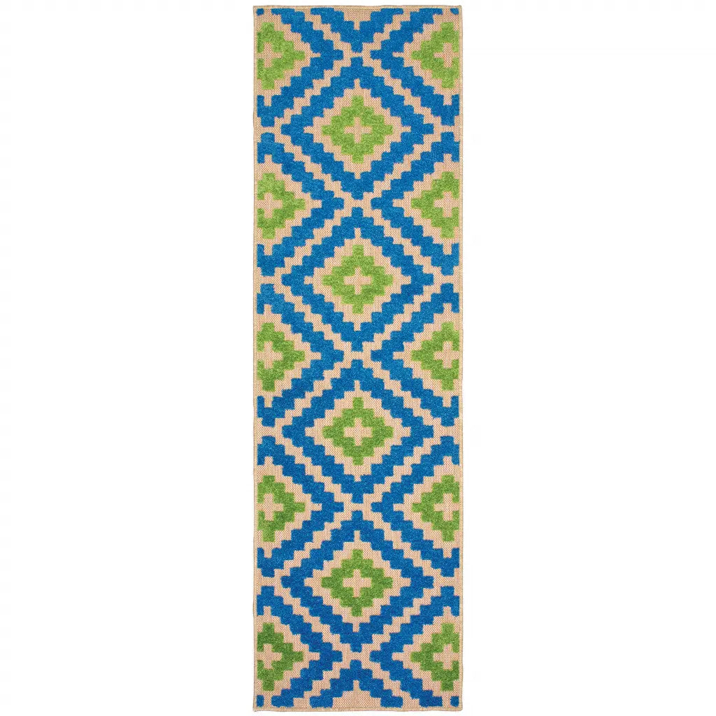 2' X 8' Blue and Beige Geometric Stain Resistant Indoor Outdoor Area Rug Homeroots Outdoor