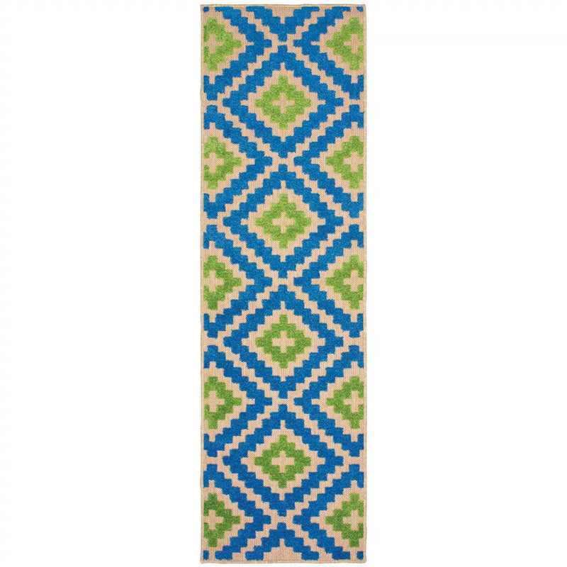 2' X 8' Blue and Beige Geometric Stain Resistant Indoor Outdoor Area Rug Homeroots Outdoor