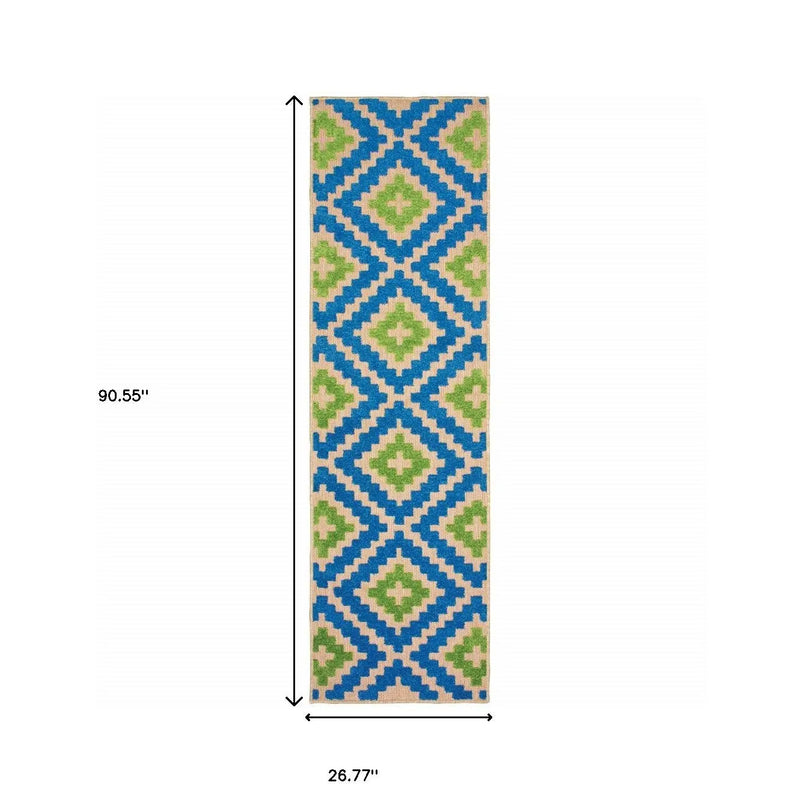 2' X 8' Blue and Beige Geometric Stain Resistant Indoor Outdoor Area Rug Homeroots Outdoor
