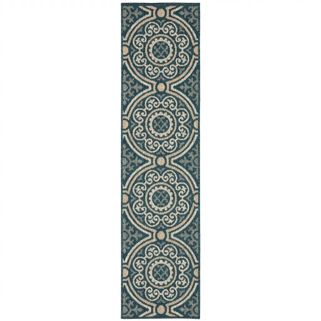 2' X 8' Blue and Gray Geometric Stain Resistant Indoor Outdoor Area Rug Homeroots Outdoor