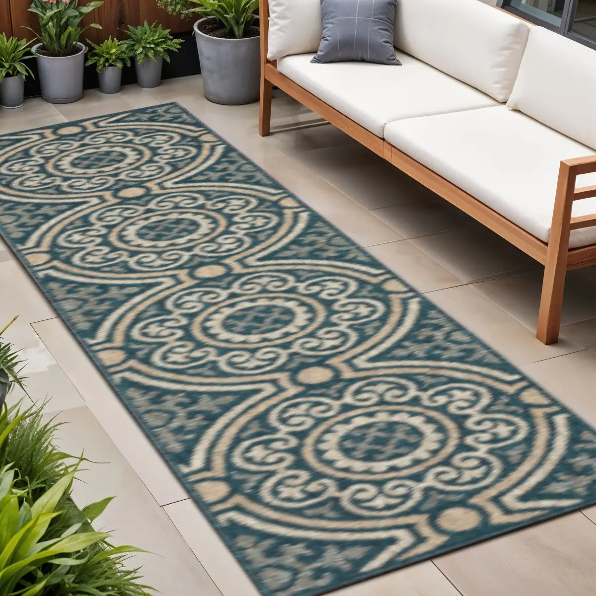2' X 8' Blue and Gray Geometric Stain Resistant Indoor Outdoor Area Rug Homeroots Outdoor