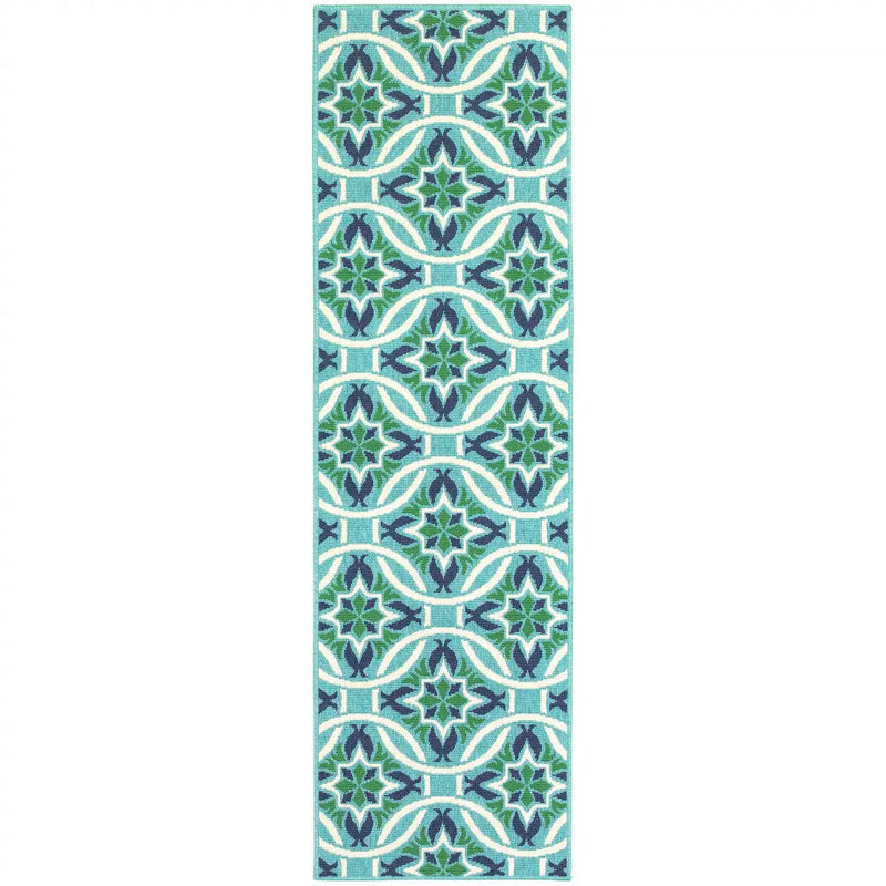 2' X 8' Blue and Green Geometric Stain Resistant Indoor Outdoor Area Rug Homeroots Outdoor