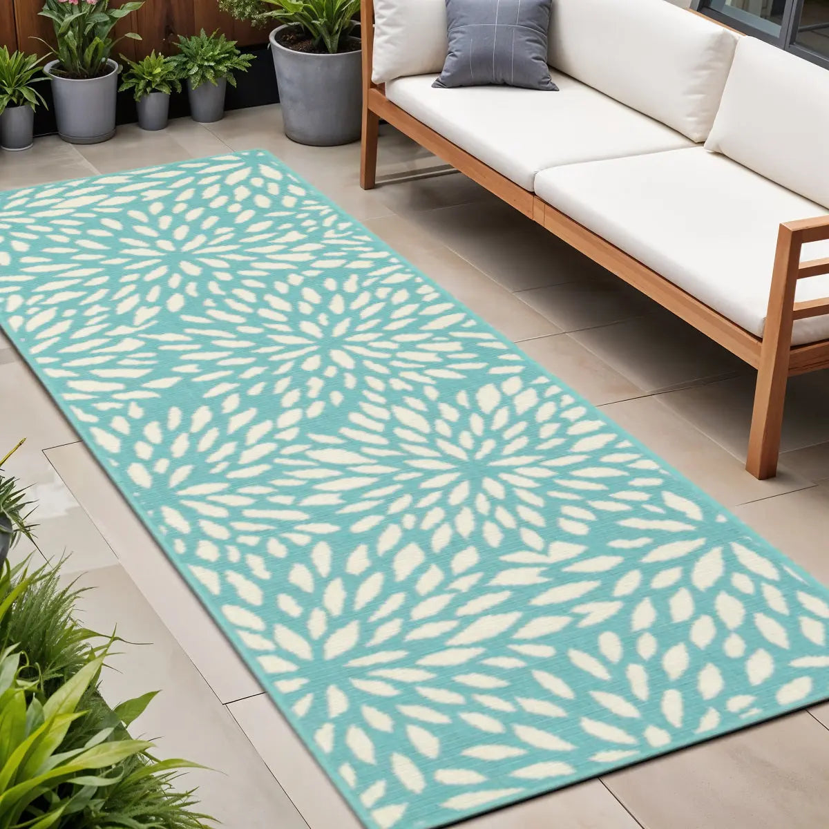 2' X 8' Blue and Ivory Floral Stain Resistant Indoor Outdoor Area Rug Homeroots Outdoor
