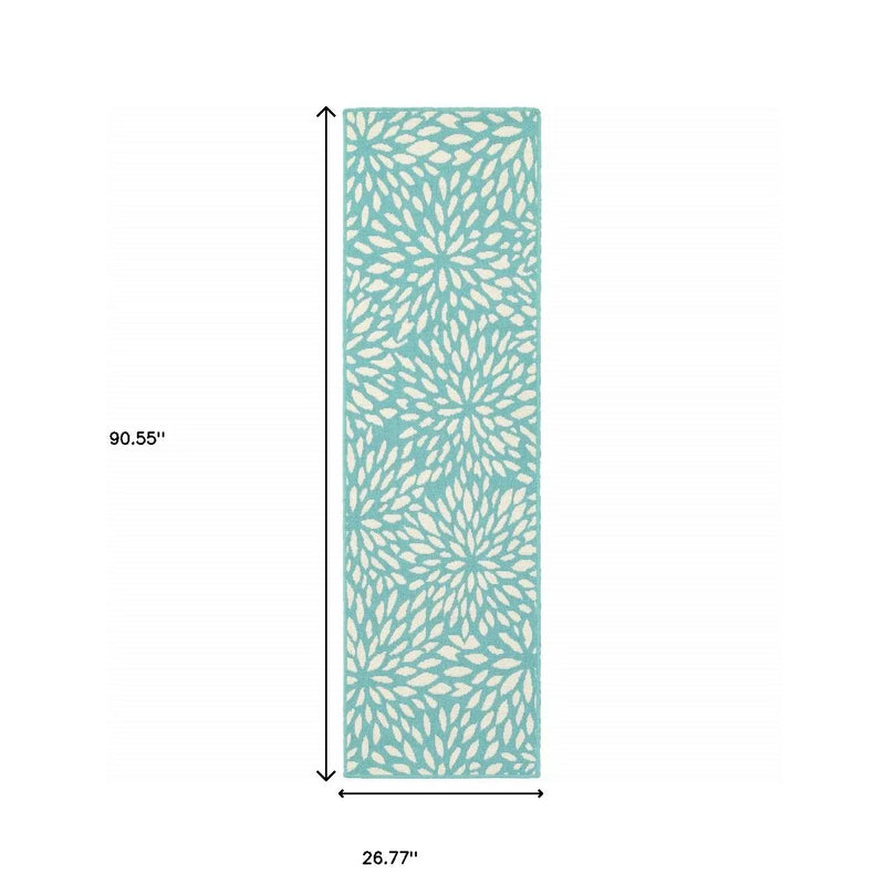 2' X 8' Blue and Ivory Floral Stain Resistant Indoor Outdoor Area Rug Homeroots Outdoor