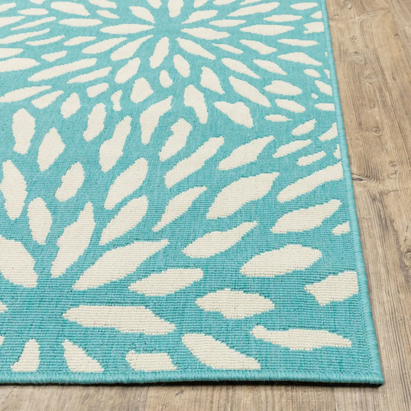 2' X 8' Blue and Ivory Floral Stain Resistant Indoor Outdoor Area Rug Homeroots Outdoor