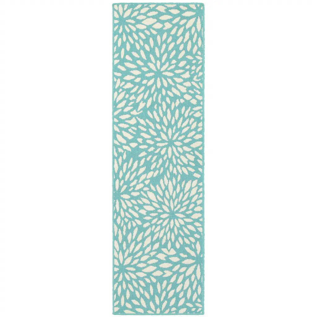 2' X 8' Blue and Ivory Floral Stain Resistant Indoor Outdoor Area Rug Homeroots Outdoor