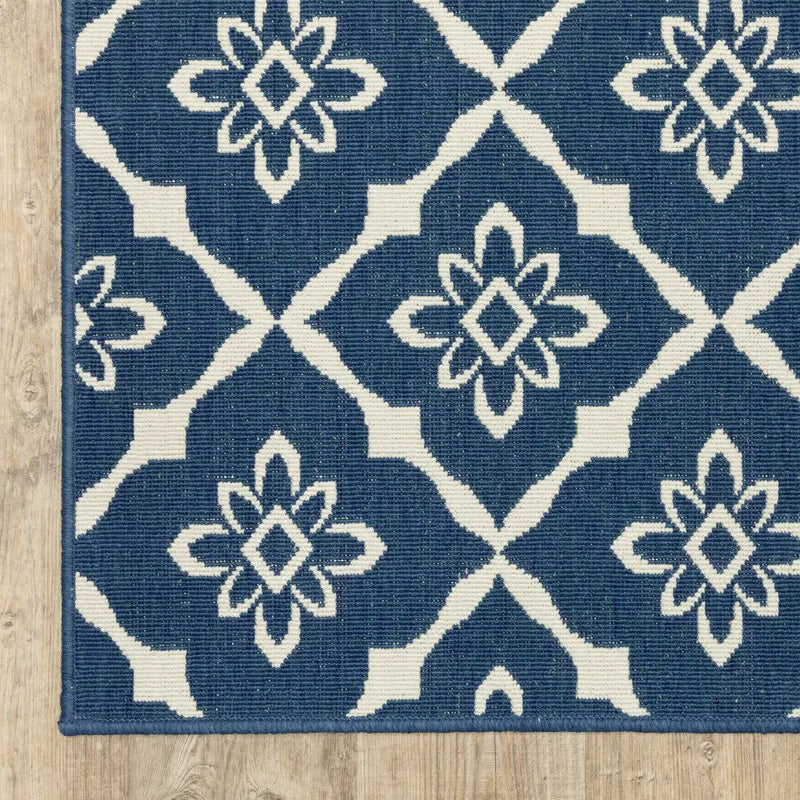 2' X 8' Blue and Ivory Floral Stain Resistant Indoor Outdoor Area Rug Homeroots Outdoor