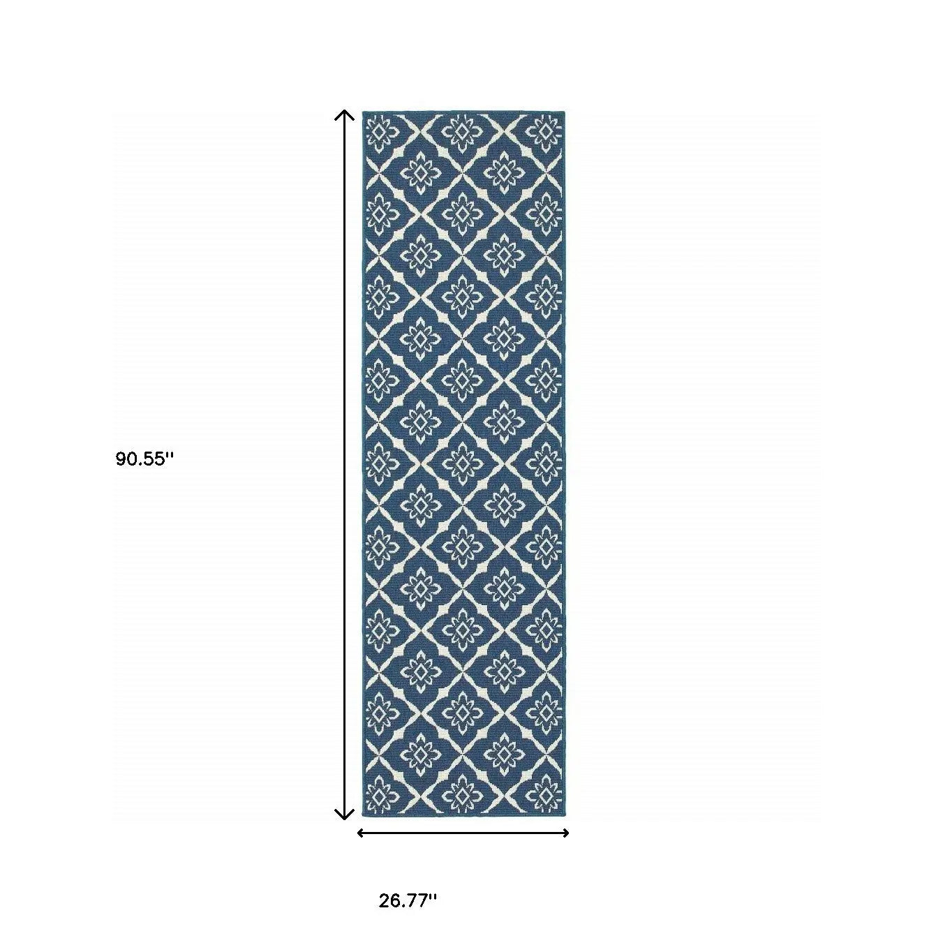 2' X 8' Blue and Ivory Floral Stain Resistant Indoor Outdoor Area Rug Homeroots Outdoor