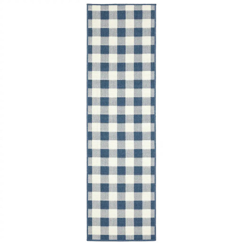 2' X 8' Blue and Ivory Geometric Stain Resistant Indoor Outdoor Area Rug Homeroots Outdoor