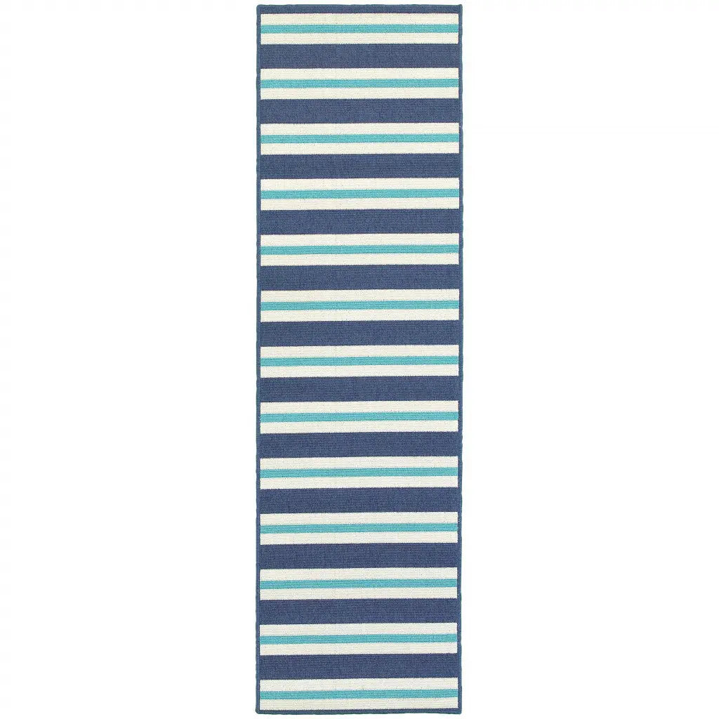 2' X 8' Blue and Ivory Geometric Stain Resistant Indoor Outdoor Area Rug Homeroots Outdoor