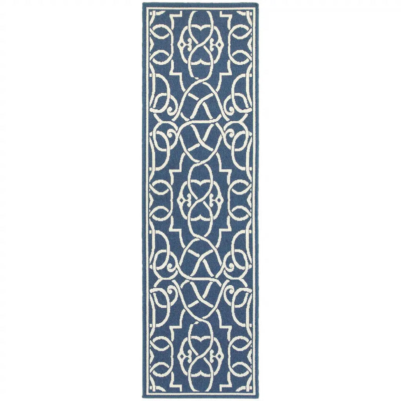 2' X 8' Blue and Ivory Geometric Stain Resistant Indoor Outdoor Area Rug Homeroots Outdoor