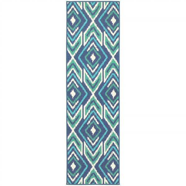 2' X 8' Blue and Ivory Geometric Stain Resistant Indoor Outdoor Area Rug Homeroots Outdoor