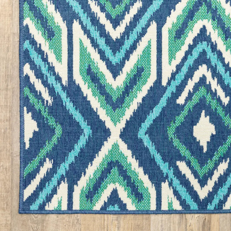 2' X 8' Blue and Ivory Geometric Stain Resistant Indoor Outdoor Area Rug Homeroots Outdoor