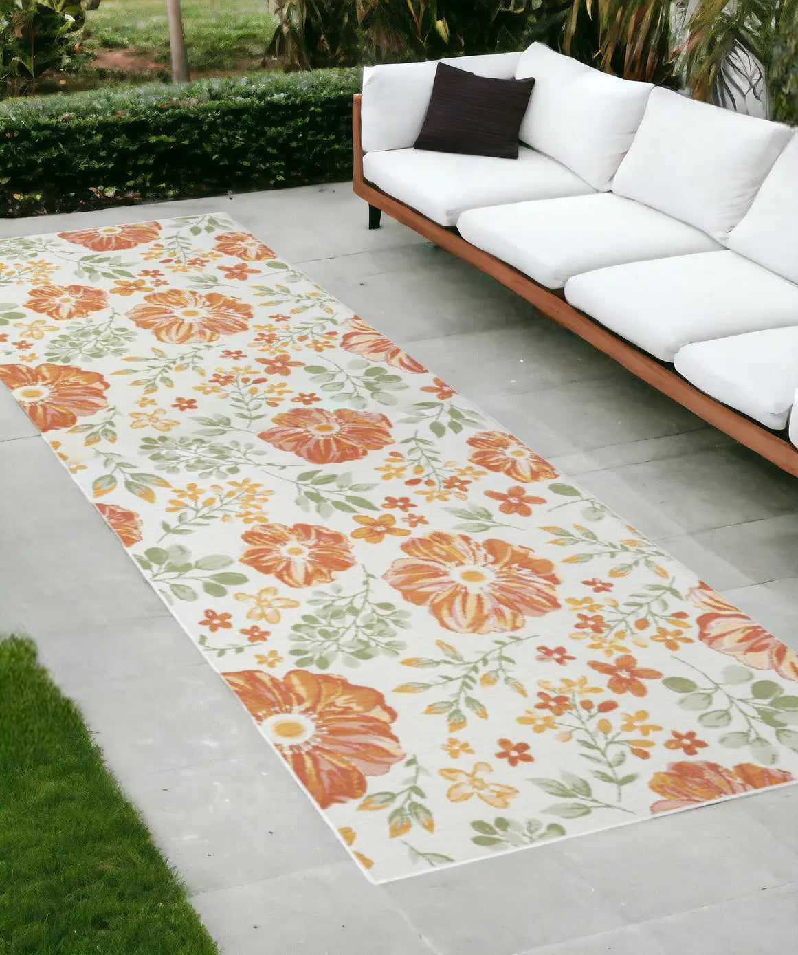 2' X 8' Ivory Green and Orange Floral Stain Resistant Indoor Outdoor Runner Rug Homeroots Outdoor