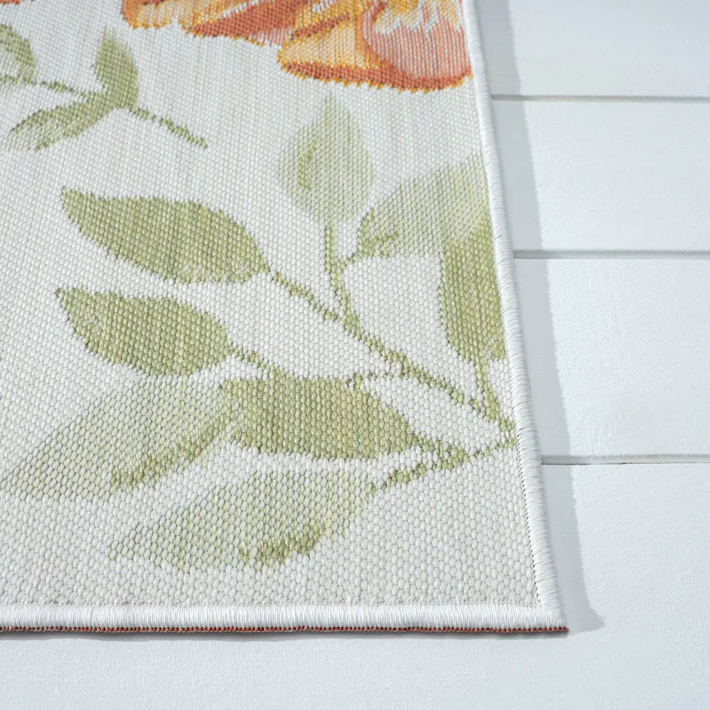 2' X 8' Ivory Green and Orange Floral Stain Resistant Indoor Outdoor Runner Rug Homeroots Outdoor
