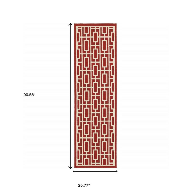 2' X 8' Red and Ivory Geometric Stain Resistant Indoor Outdoor Area Rug Homeroots Outdoor