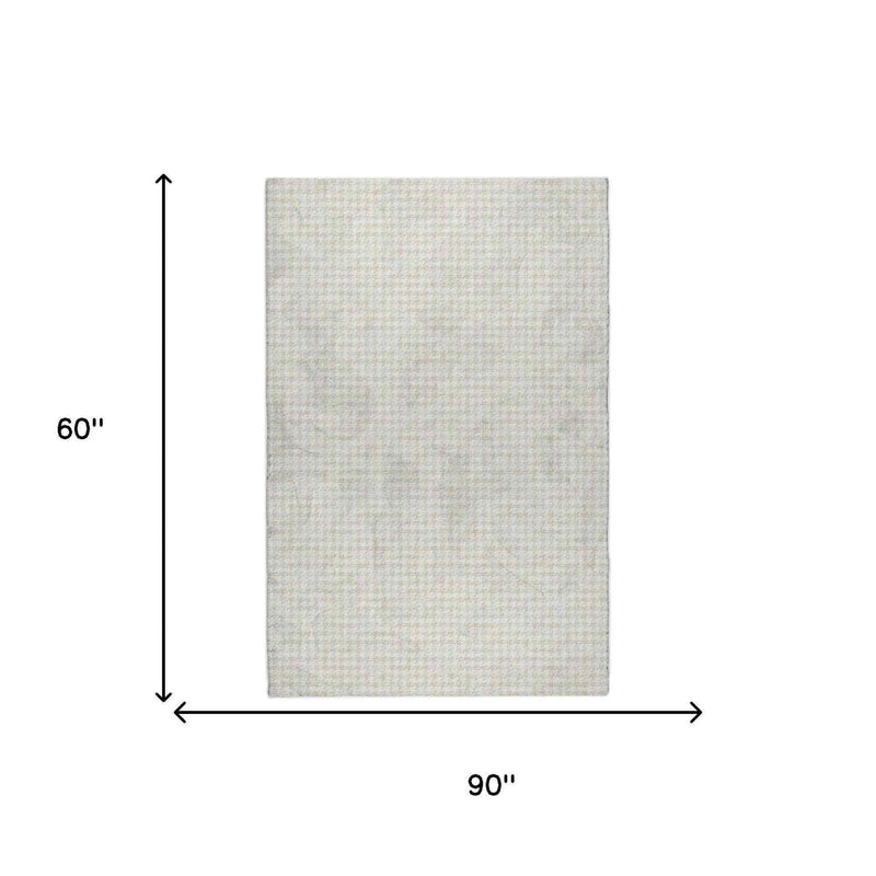 5' X 8' Linen And Ivory Houndstooth Shag Washable Area Rug With UV Protection - Home & Garden