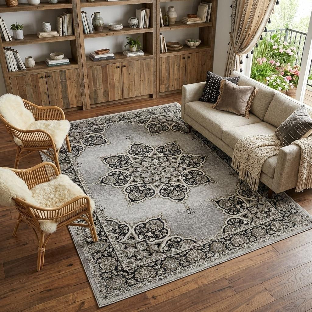 10' X 13' Gray And Black Medallion Area Rug With Fringe - Home & Garden
