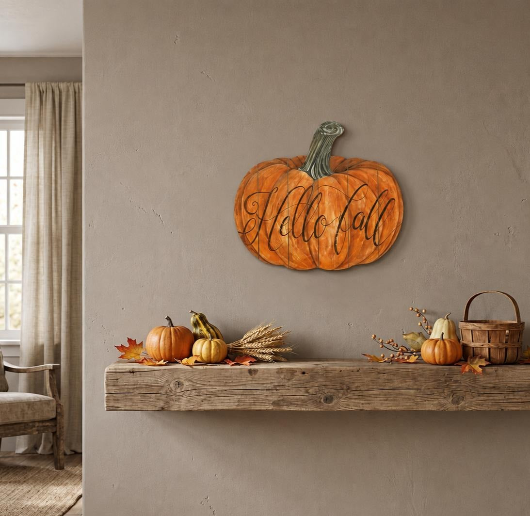 15" X 17" Brown And Orange Wood Hello Fall Pumpkin Hanging Dimensional Sculpture - Home Decor