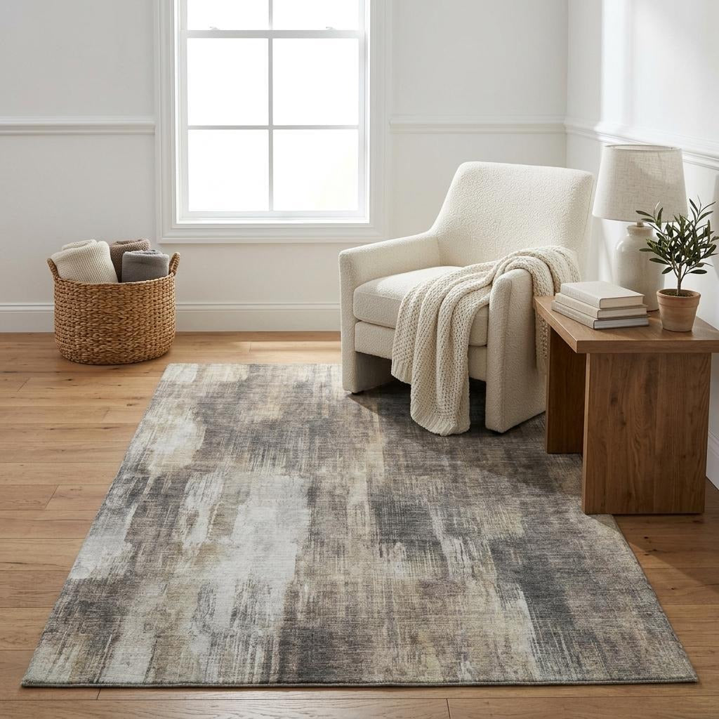 5' X 8' Taupe And Beige Abstract Shag Washable Area Rug With UV Protection - Home & Garden
