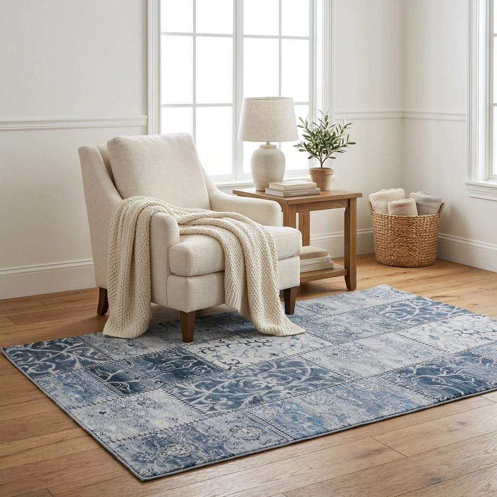5' X 8' Denim Blue And Blue Floral Shag Washable Area Rug With UV Protection - Home & Garden