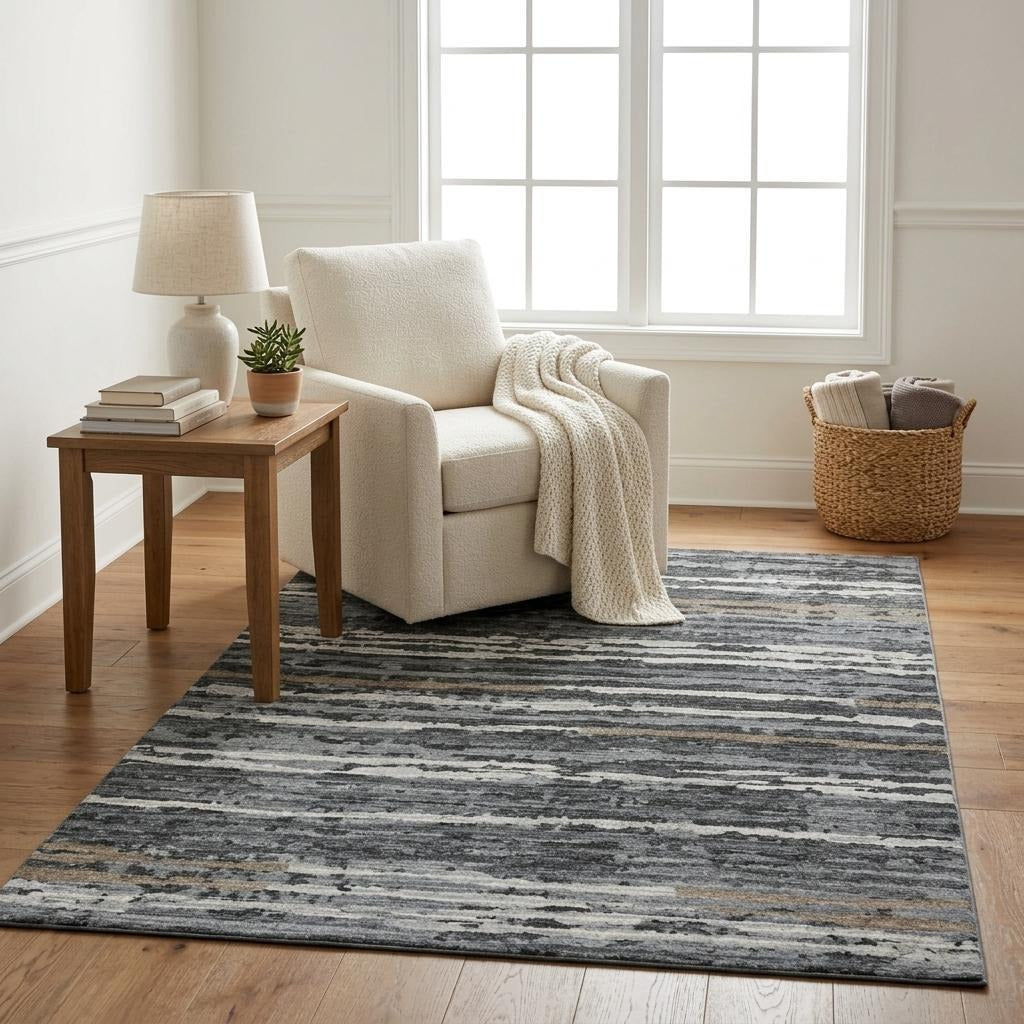 5' X 8' Gray And Charcoal Striped Shag Washable Area Rug With UV Protection - Home & Garden