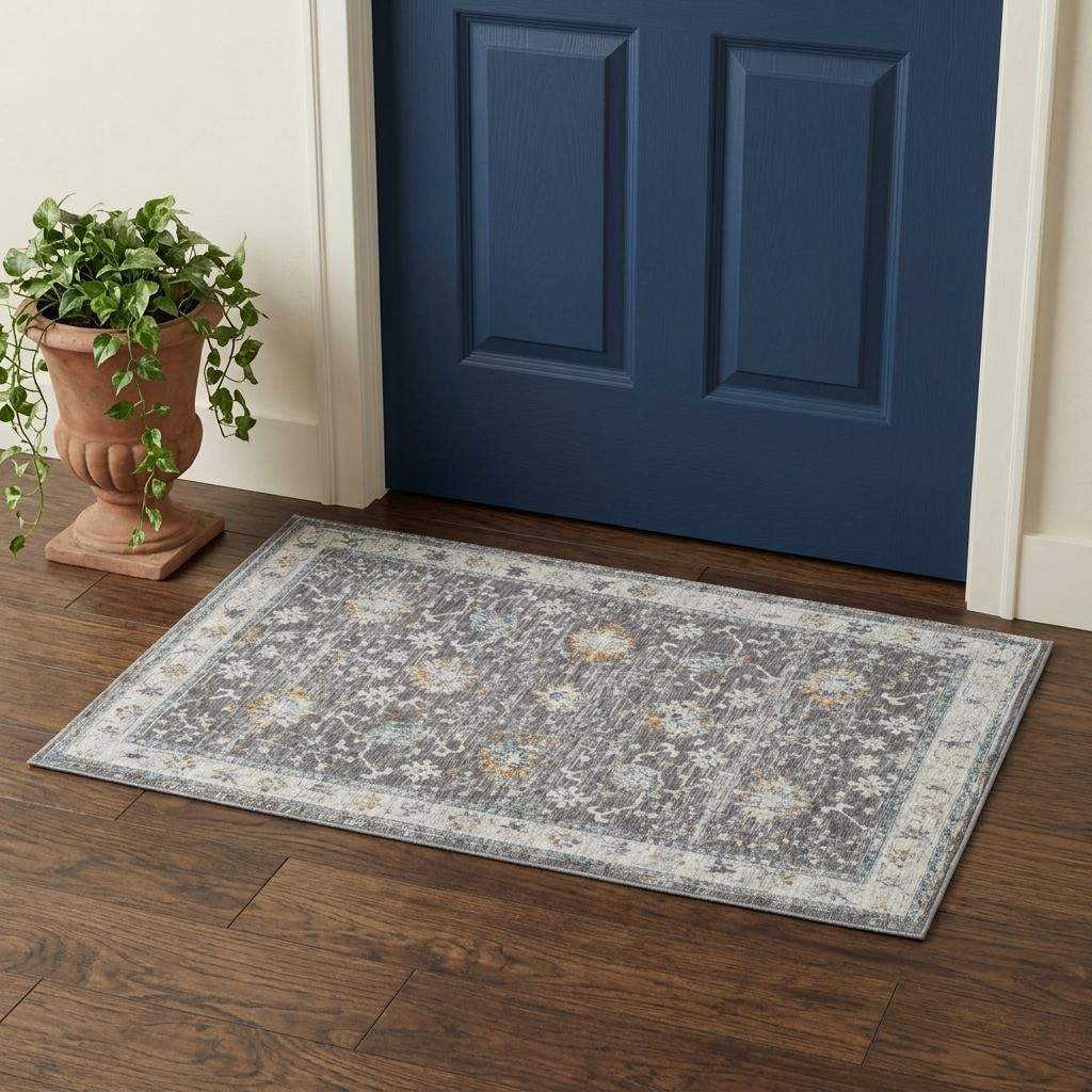 2' X 3' Gray and Ivory Floral Area Rug - Home & Garden