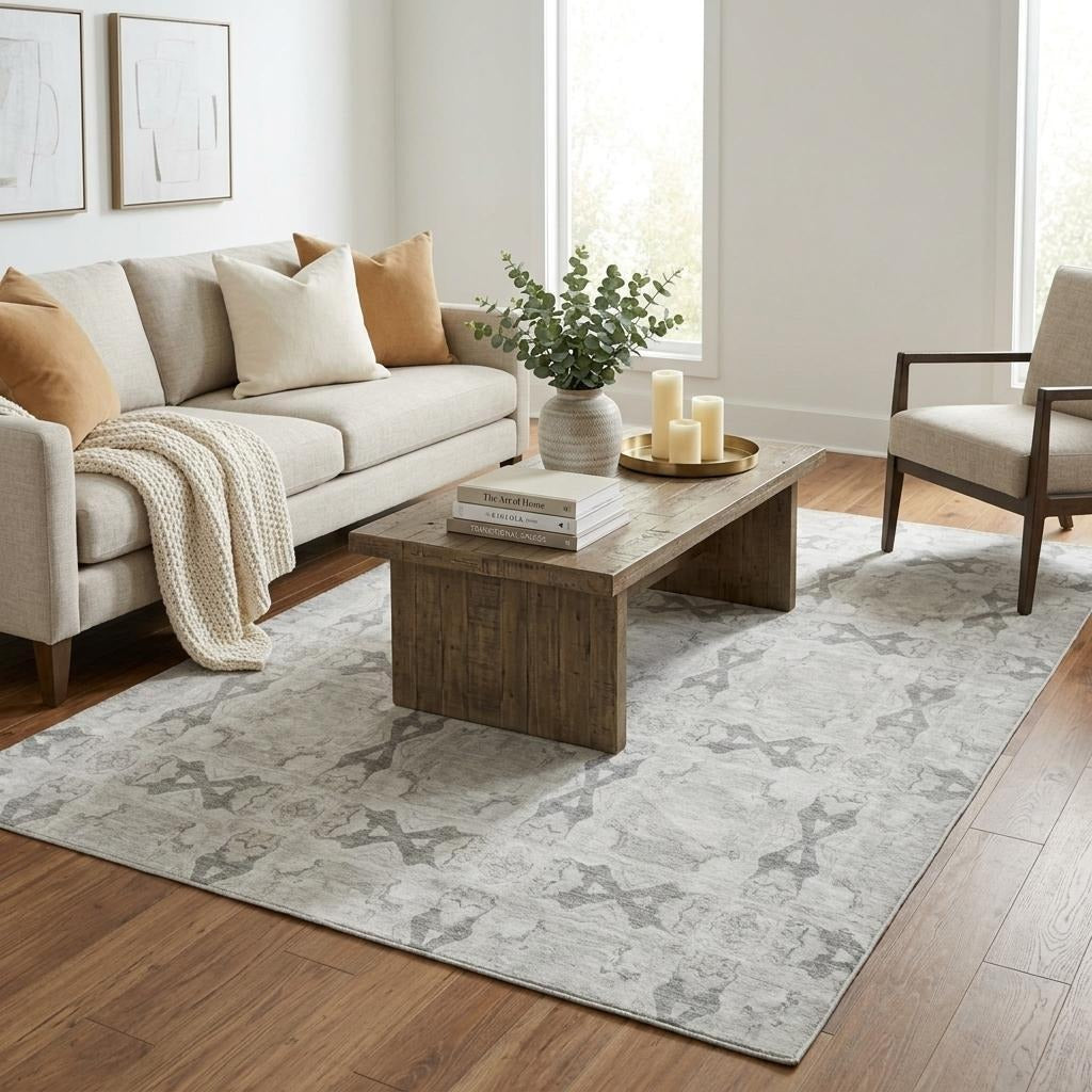 5' X 8' Ivory And Gray Geometric Shag Washable Area Rug With UV Protection - Home & Garden