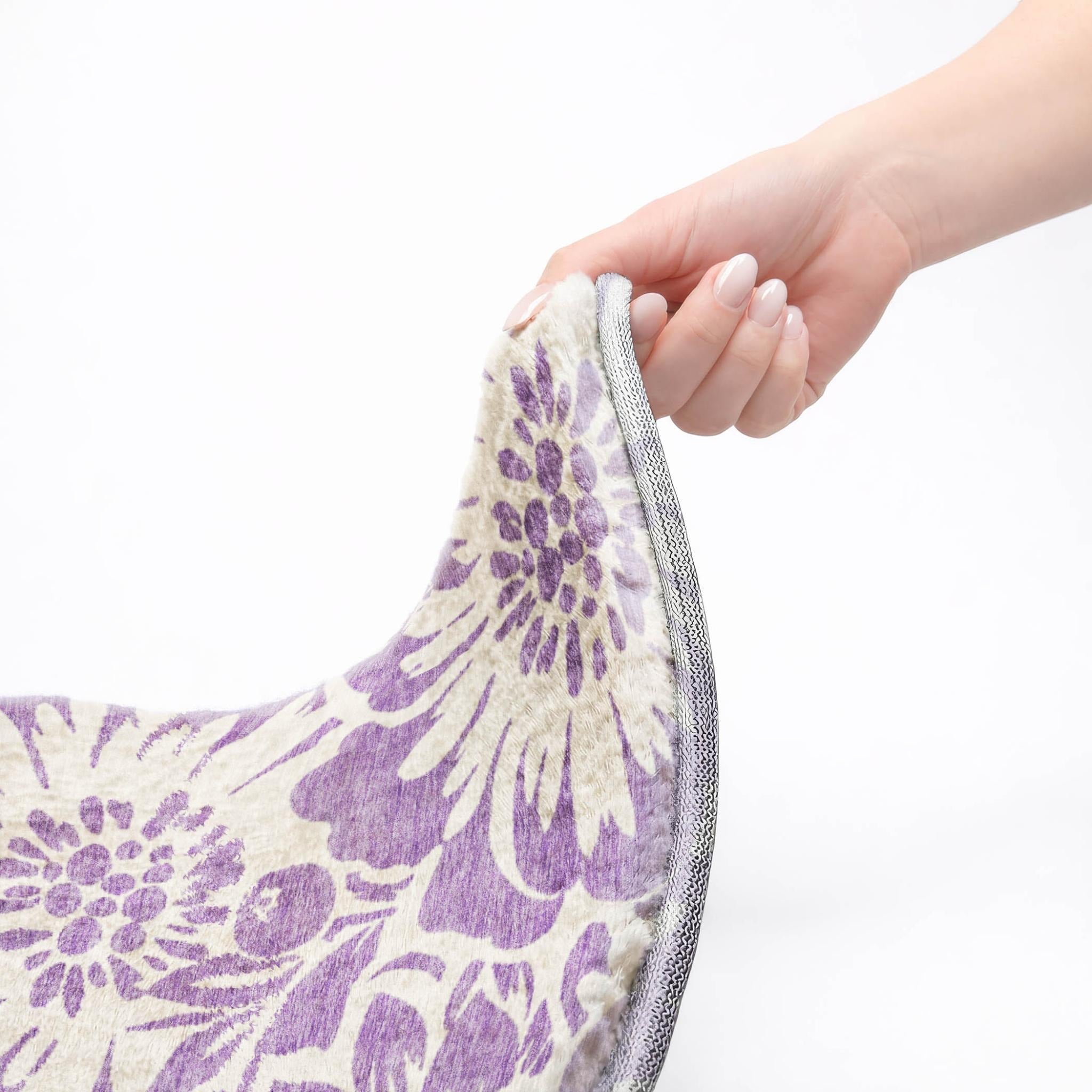 8' Purple And Ivory Floral Shag Washable Round Rug With UV Protection - Home & Garden