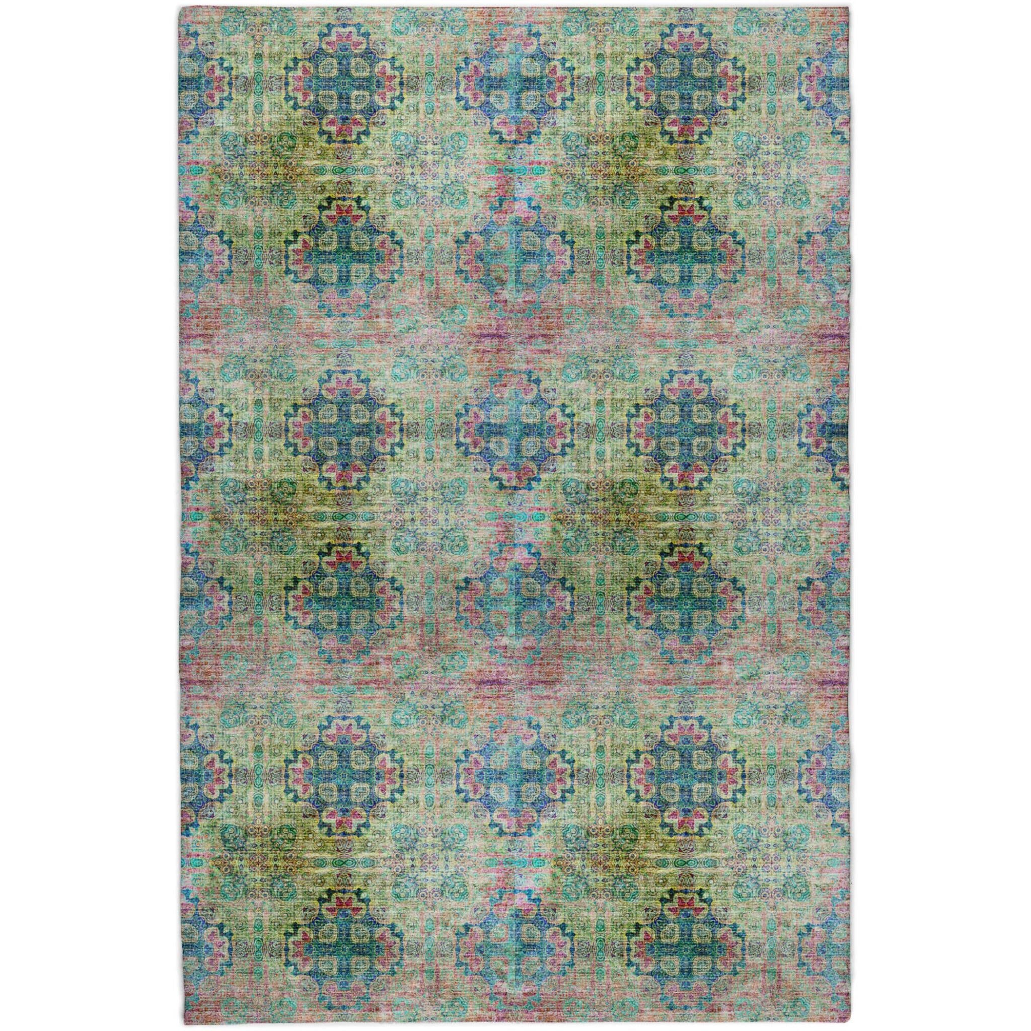 3' X 5' Green And Teal Medallion Shag Washable Area Rug With UV Protection - Home & Garden