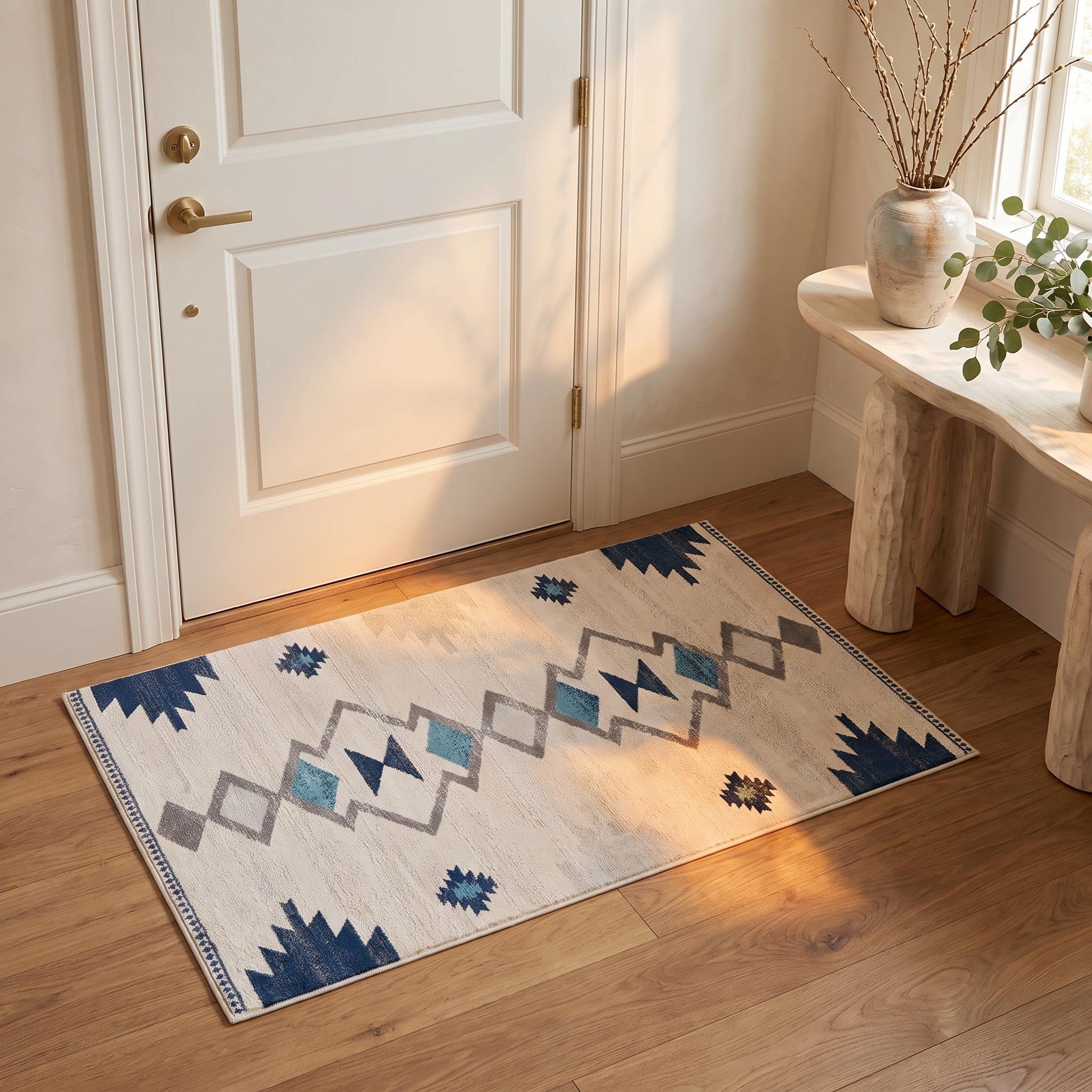 2' X 5' Blue and Ivory Southwestern Area Rug - Home & Garden