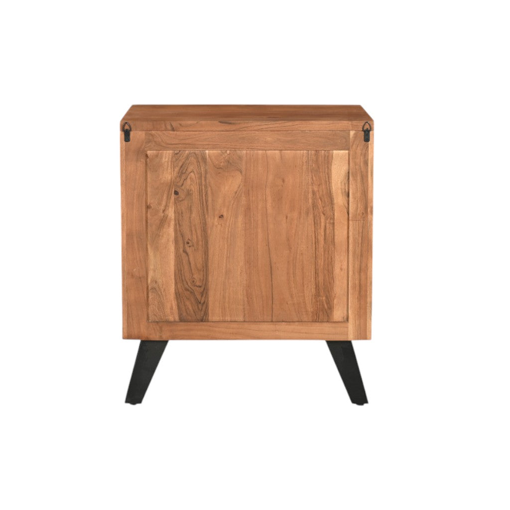 Brown solid wood nightstand cabinet with two doors and black legs