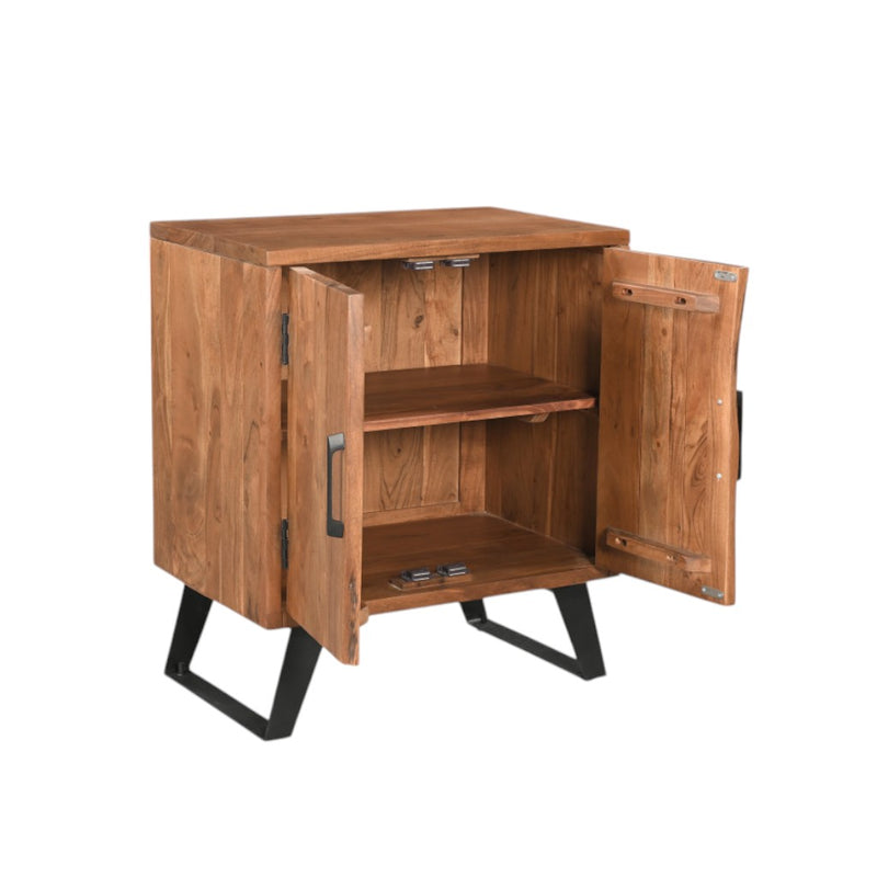 Brown wood corner nightstand with open shelf and two hinged doors, black metal legs