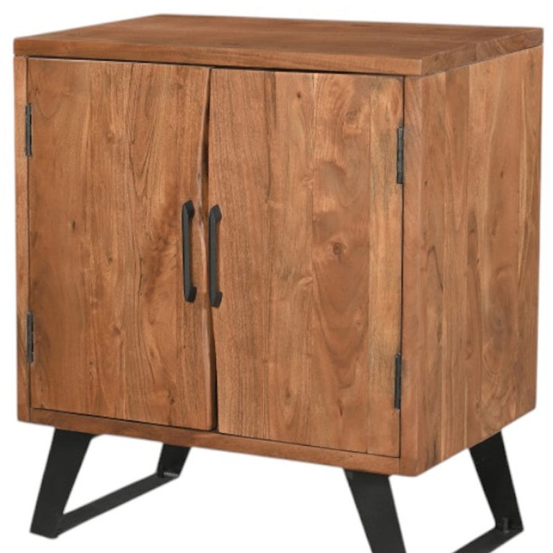 Brown solid wood square nightstand with two cabinet doors, live-edge top, black legs