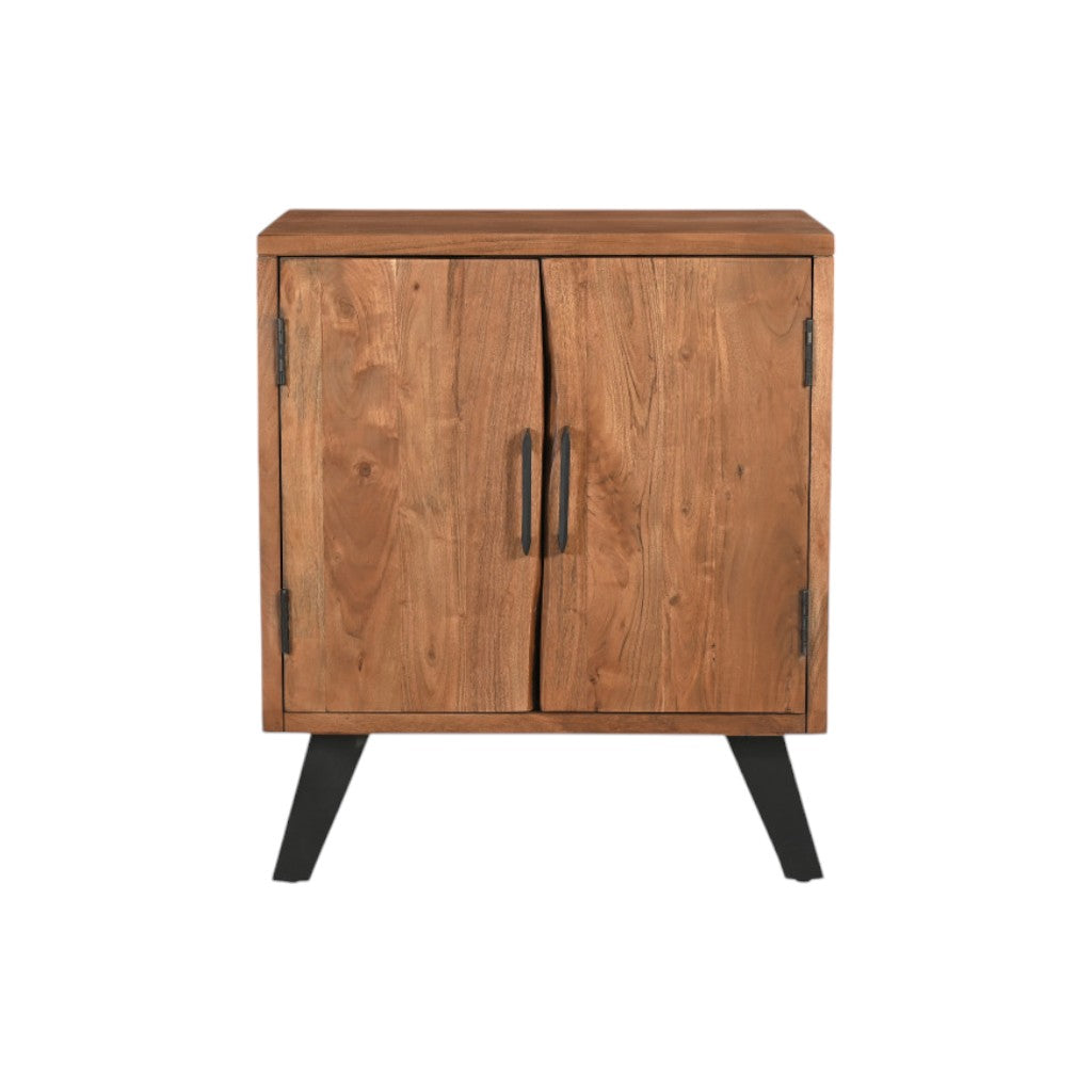Brown wood square nightstand with two cabinet doors and vertical-bar handles, black legs