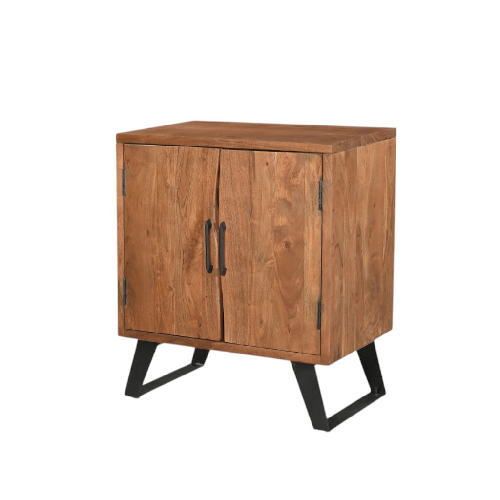 Brown wood nightstand with two cabinet doors and black angled legs, top panel
