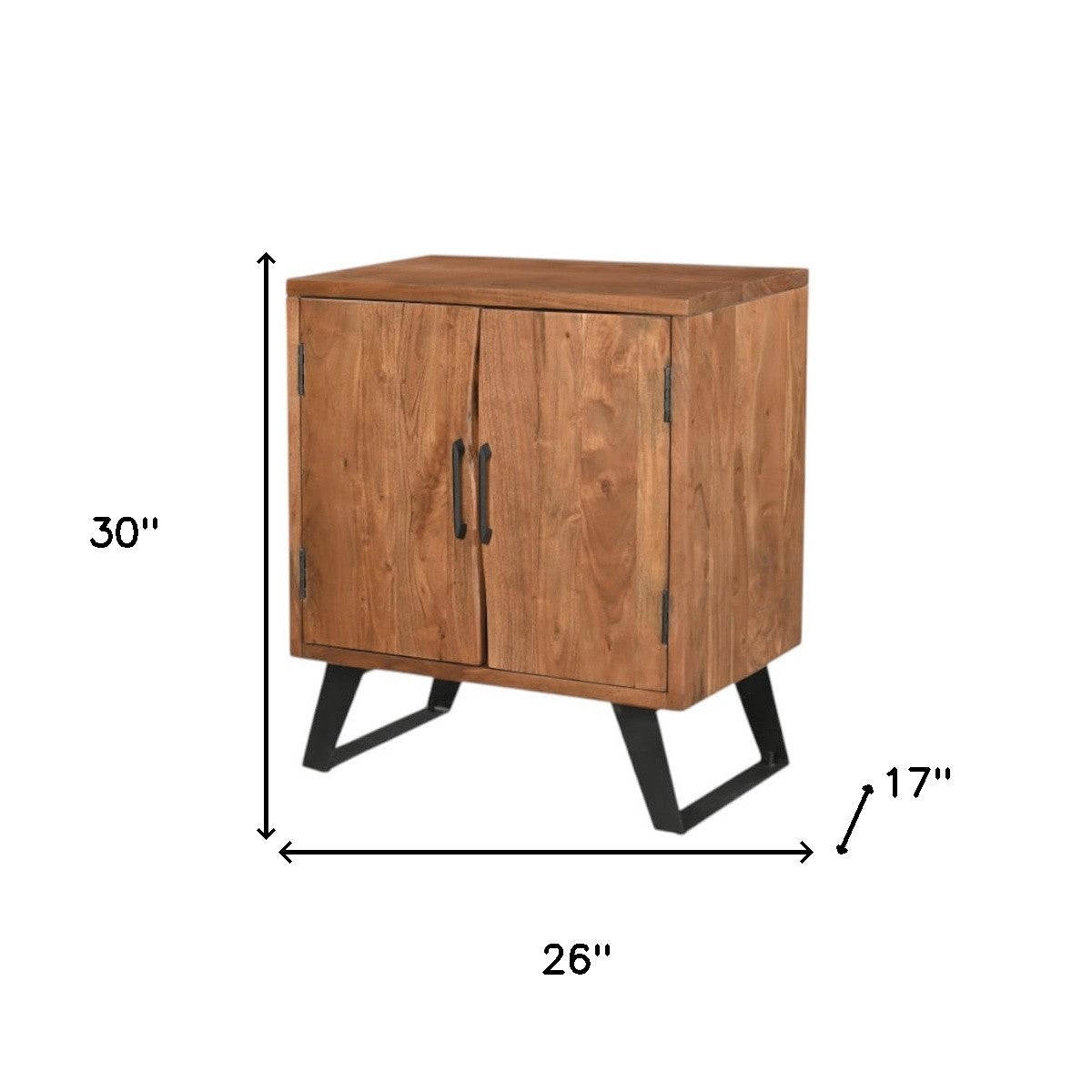 Brown wood nightstand with two doors, central pull handles, and angled black legs