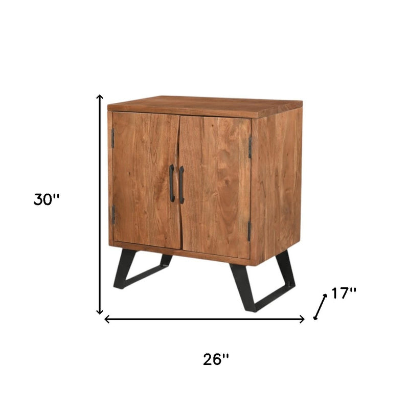 Brown wood nightstand with two doors, central pull handles, and angled black legs
