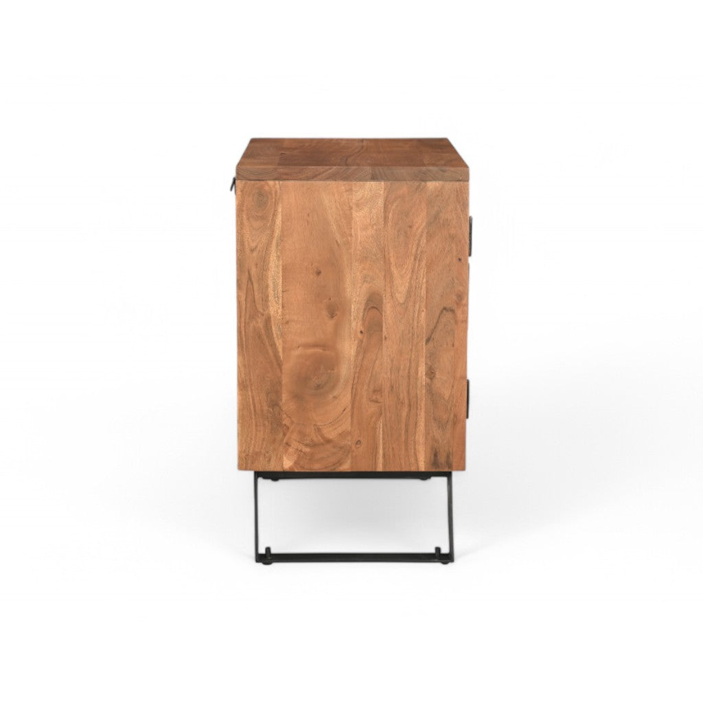 Brown wood nightstand with tall cabinet door, visible hinges, and black base frame