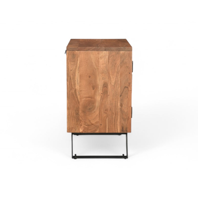 Brown wood nightstand with tall cabinet door, visible hinges, and black base frame